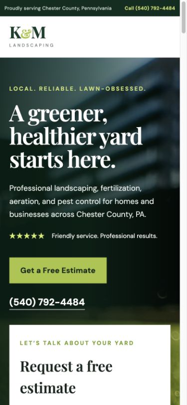 Mobile homepage preview for K and M Landscapes